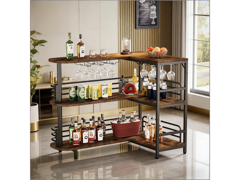  Bar en l 120x90x110 cm à trois niveaux avec 6 supports pour verres à pied métal panneau de particules noir marron rustique  - Conforama D