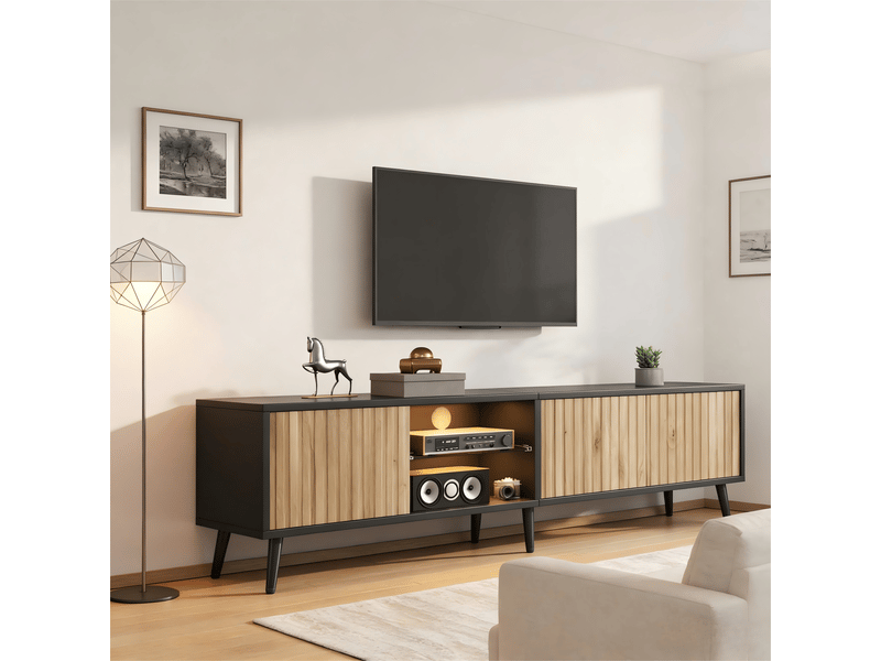  Meuble tv naturel bois et noir en panneaux de particules 175 cm  - Conforama D