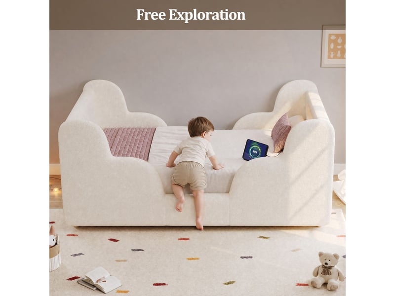  Lit simple 90 x 200 cm cadre de lit rembourré beige barrière de protection éclairage nocturne prise de charge usb compartiments de rangement pieds en bois massif revêtement bouclé beige  - Conforama E