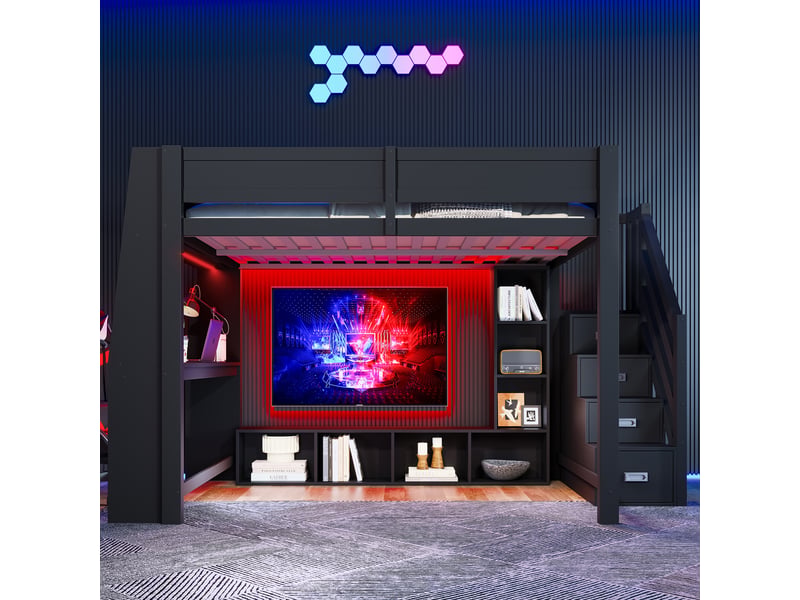  Lit mezzanine 140x200 cm coloris noir led mdf lit enfant noir - Conforama B