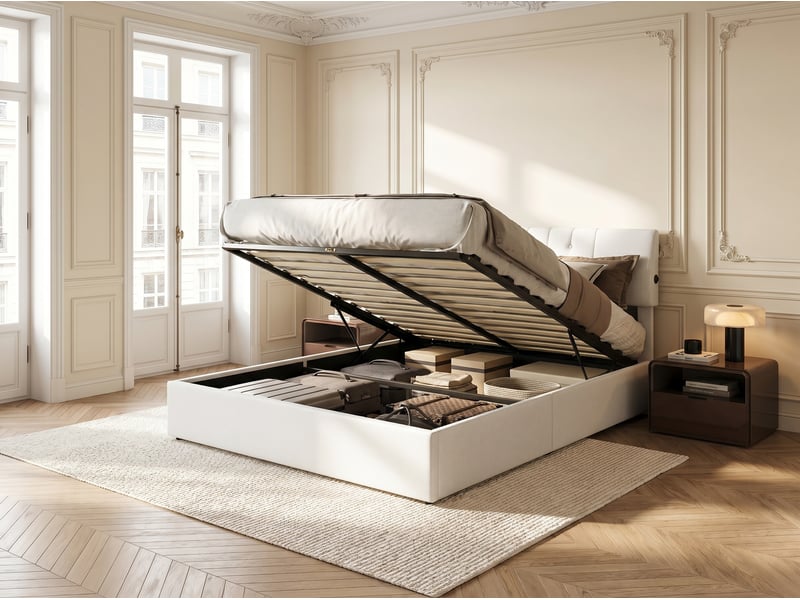  Lit 2 places 140x200 cm - led, usb - velours beige avec sommier à lattes inclus  - Conforama D