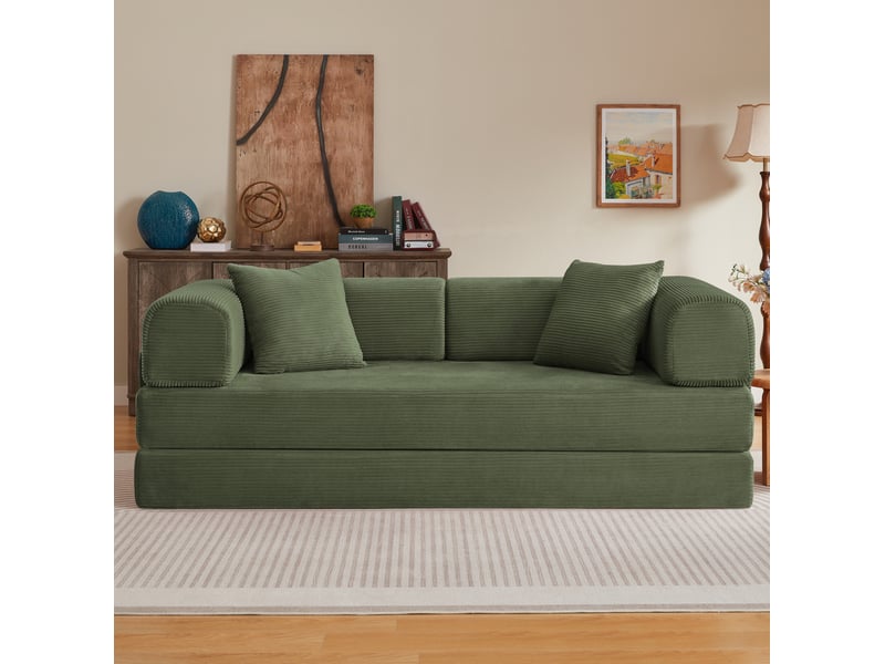 Canapé convertible 3 places vert en velours côtelé, structure acier chromé, 2 coussins, pour salon et nuit - Conforama E