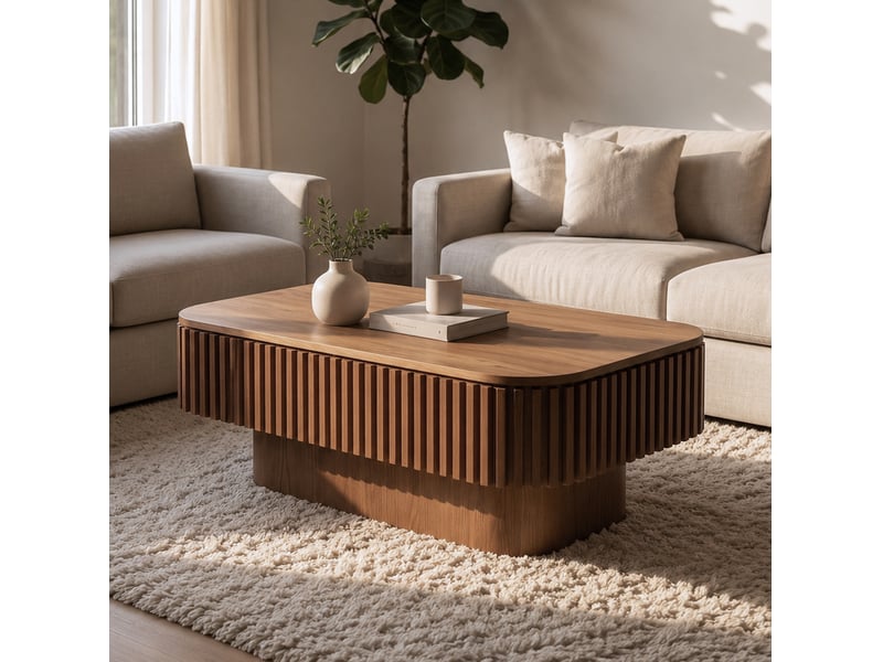 Table basse avec plateau amovible et rangement caché, finition noyer nervurée, en mdf plaqué bois, pour salon  - Conforama B