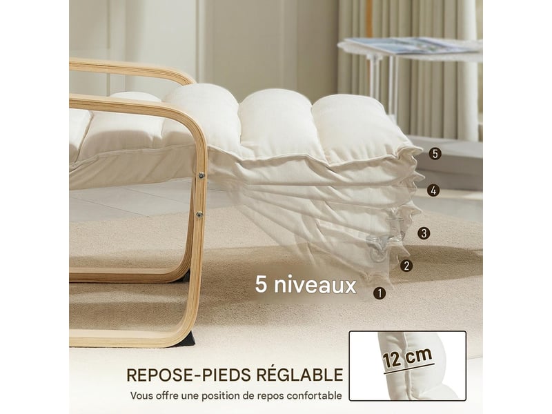  Fauteuil relax avec repose-pieds réglable en bouleau blanc crème 67x114x105 cm  - Conforama E