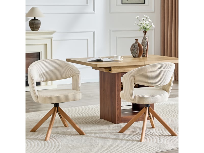 Chaise de salle à manger pivotante 2 pièces avec dossier courbé et base en bois, en velours côtelé, blanc crème - Conforama C