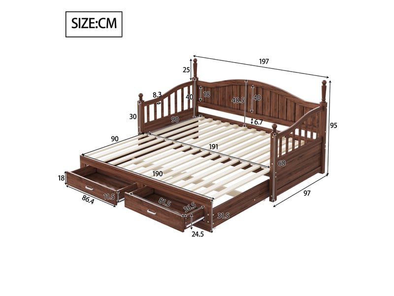 Canapé-lit gigogne extensible 90x190 cm en bois, dossier galbé, accoudoirs colonnes et tiroirs, finition noyer, sans matelas  - Conforama C