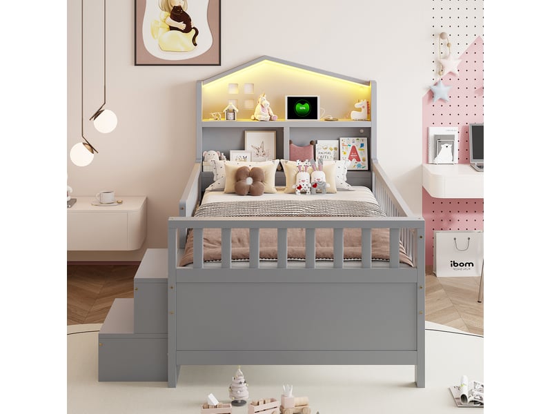  Modenvie lit enfant 90x200 cm - avec 4 tiroirs, led et ports usb-c, sommier inclus - gris  - Conforama E
