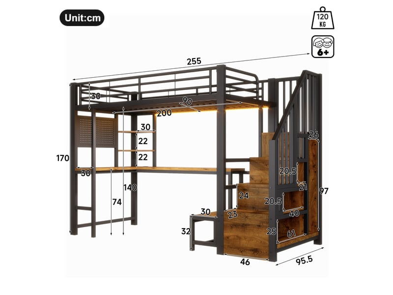  Lit mezzanine 90 × 200 cm 1 place avec bureau, étagères, led, usb et type-c, sans matelas, métal noir  - Conforama D