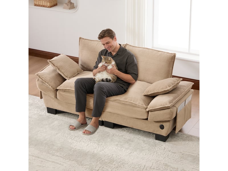  Canapé 2 places en velours côtelé kaki avec usb-c et poches latérales, assise large et design ergonomique  - Conforama W