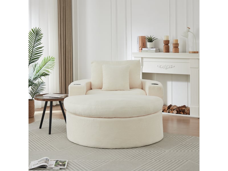  Canapé en velours côtelé rond avec pouf, fauteuil relax 1 place avec rangement et porte-gobelet, design lounge moderne - beige  - Conforama C