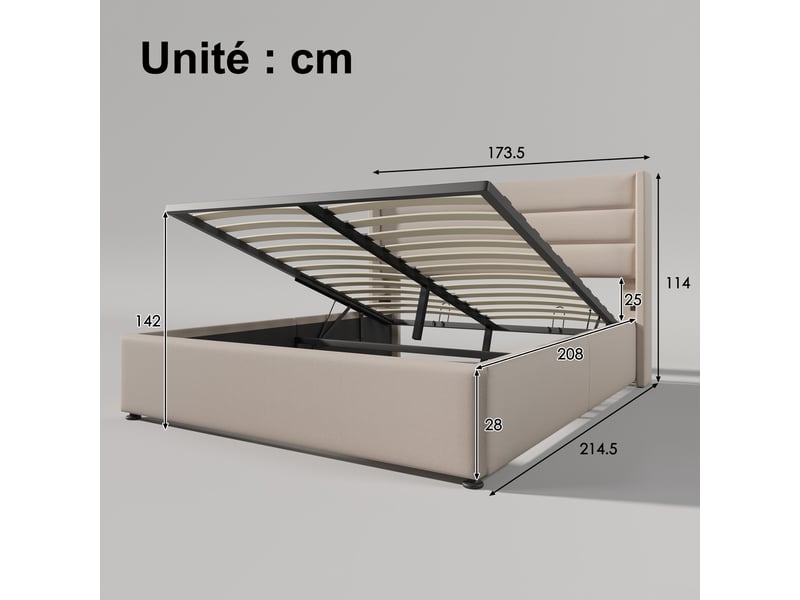  Lit coffre 160x200 cm - lit double capitonné beige avec sommier à lattes - lin - sans matelas  - Conforama C