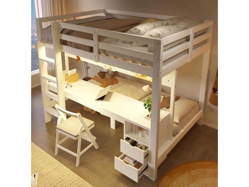  Lit superposé multifonction 140x20090x200 cm, bureau intégré, tiroirs, panneau perforé, led multicolore, bois blanc et naturel Radiant Stride - Conforama D