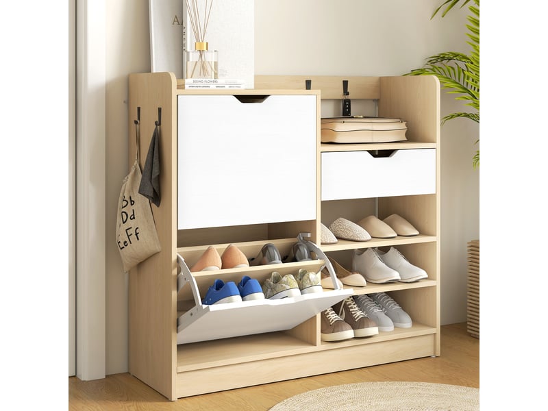  Étagère à chaussures pour entrée avec tiroir, étagères ouvertes, 4 crochets pour 14 paires de chaussures, naturel et blanc  - Conforama B
