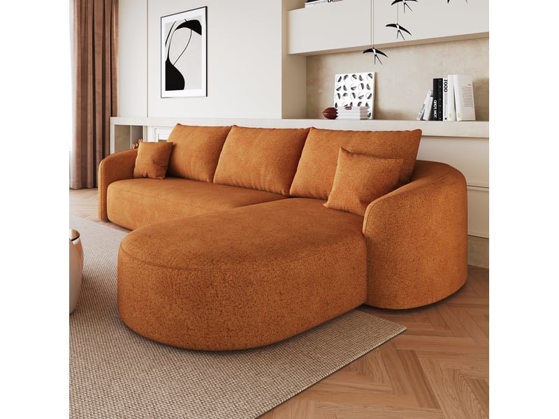  Canapé d’angle 3 places en tissu chenille orange, 266x168x85 cm  - Conforama R