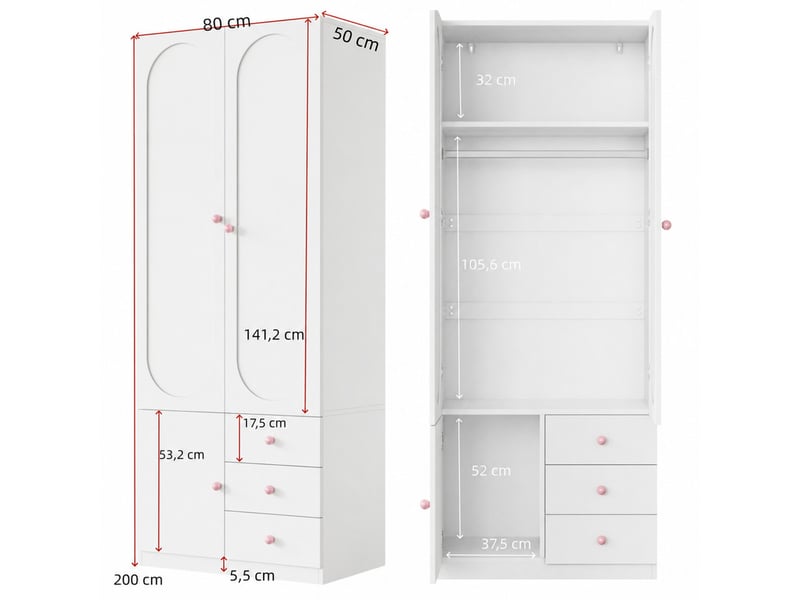 Ensemble d'armoire avec tiroirs, 2 portes, avec tringle, poignées en céramique rose, blanc, 50 x 160 x 200 cm - Conforama C