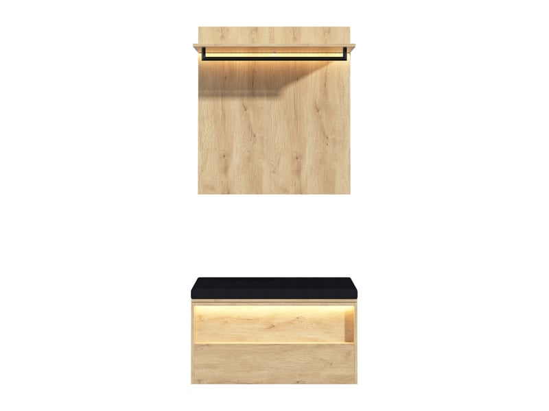  Set d'entrée avec porte-manteau mural et banc à chaussures 90x47x145 cm, led, mdf, bois clair, meuble d'entrée  - Conforama E