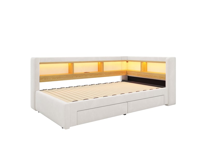  Lit banquette 90x200 cm – beige – couchage extensible 180x200, tiroirs, led, prise intégrée – sans matelas  - Conforama A