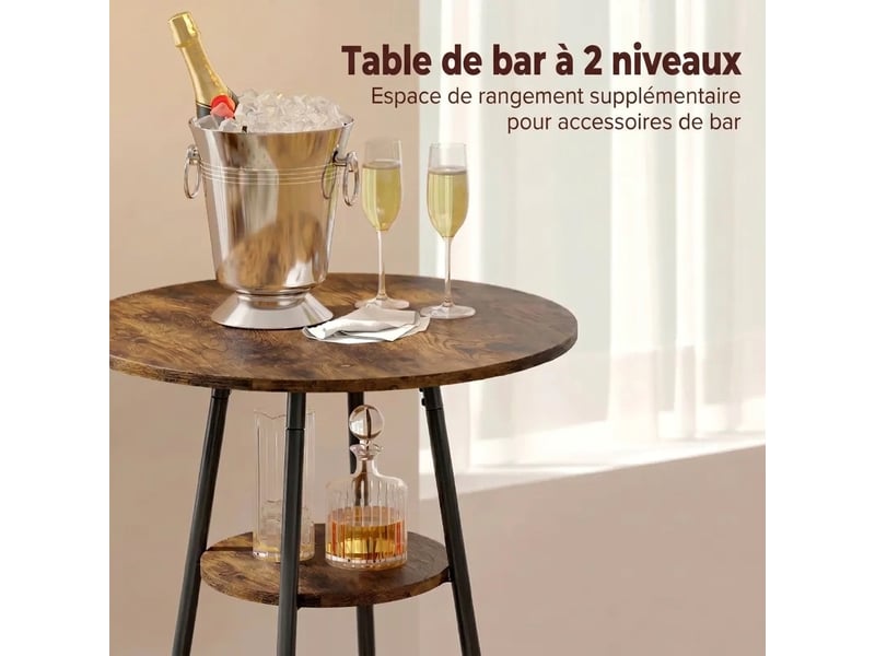 Ensemble table de bar 60x60x91 cm et 2 tabourets avec dossier, style industriel marron  - Conforama D