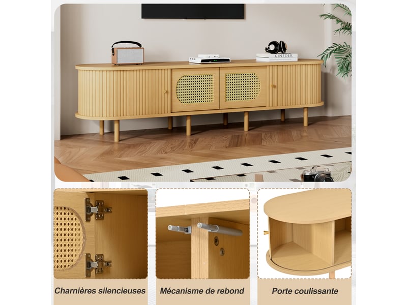  Meuble tv rangement 180x40x40 cm, 2 portes 2 rideaux, 8 pieds tv 75 pouces, design rétro, mdf bois clair  - Conforama E