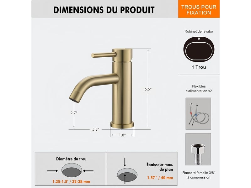 Mitigeur de lavabo - robinet de salle de bains monocommande, robinet à tiroir en céramique à faible bruit, corps en acier ioxydable, or  - Conforama B