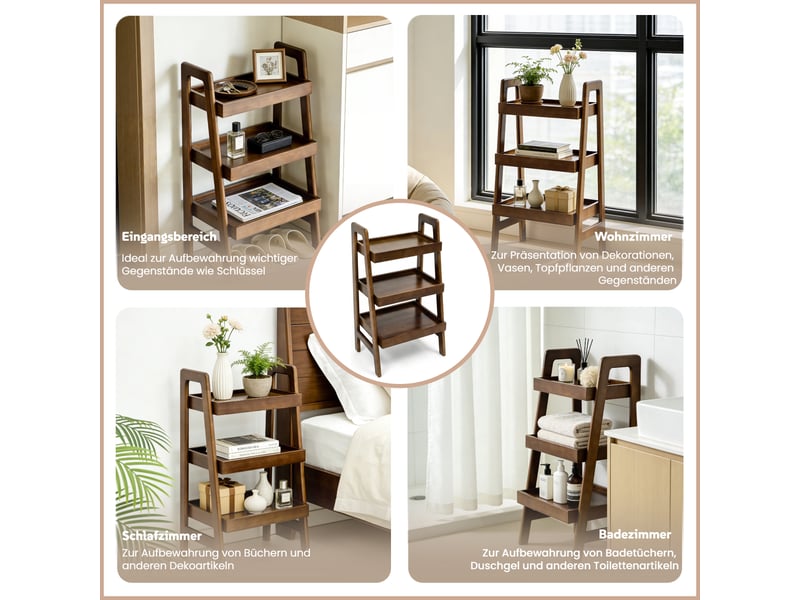  Petite étagère trapézoïdale à trois niveaux en noyer - étagère de rangement ouverte en bois massif, adaptée au salon et à la chambre.  - Conforama E