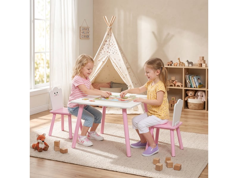  Ensemble table et chaises pour enfants, 3 pièces, 1 table, 2 chaises, rose et blanc  - Conforama B