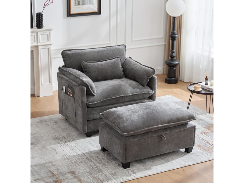  Fauteuil de détente 103x85x91 cm, avec pouf, sac de rangement, tissu chenille, gris Cozy Nook - Conforama E