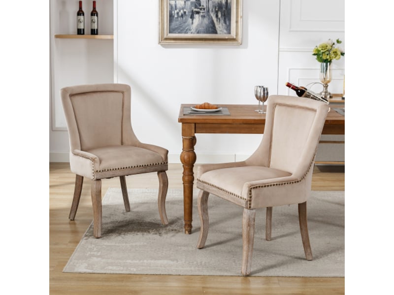  Lot de 2 chaises en velours coloris beige avec pieds en bois massif chaise beige - Conforama E