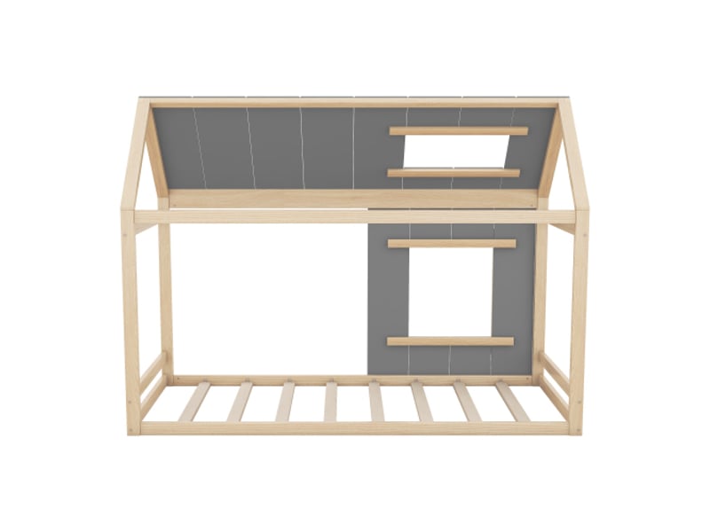 Lit simple enfant 90x200cm, lit en bois, lit cabane, forme de maison, gris + naturel - Conforama C