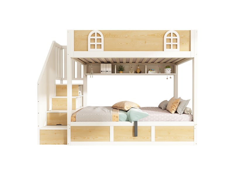  Lit superposé 90x200 cm avec escalier de rangement, blanc et naturel, mdf, sans matelas  - Conforama A