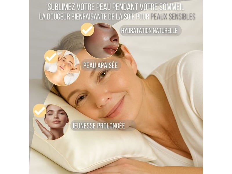  Taie d oreiller soie de mûrier 22 momme 60x40 cm ivoire silvadur 930 flex anti age  - Conforama C