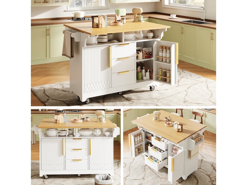  Buffet extensible cuisine blanc 120x95cm, meuble rangement avec 3 tiroirs et roulettes, design moderne  - Conforama B