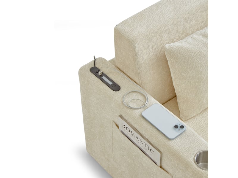  Canapé-lit 2 places beige en tissu chenille, canapé convertible pour petit espace avec ports usb, coussins et porte-gobelets  - Conforama E