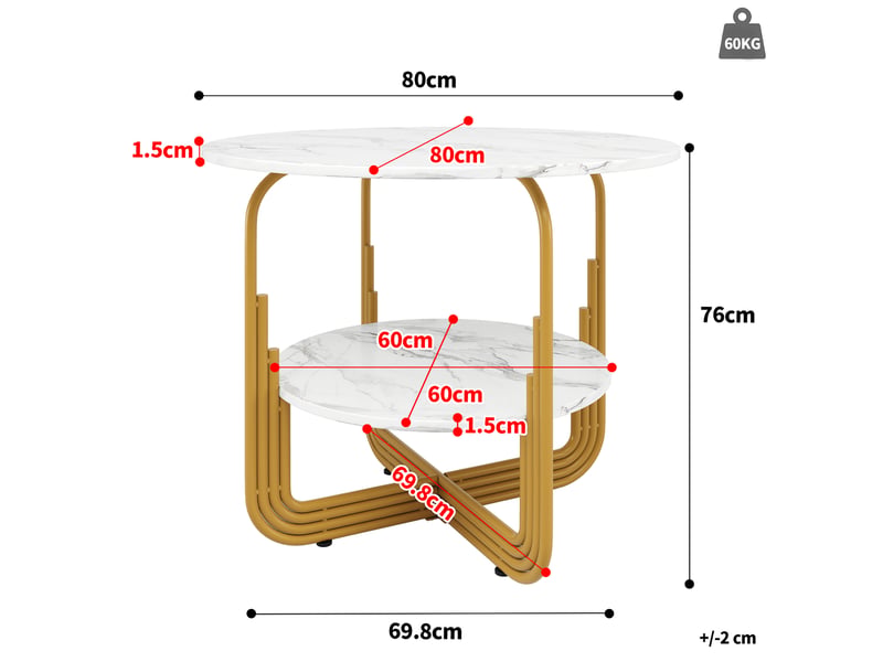  Table ronde, 80x80x76 cm, plateau imitation marbre épais, plateau en mdf, design moderne, pratique, mdf, coloris dorée  - Conforama C
