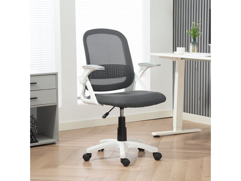  Chaise de bureau ergonomique pivotante en maille respirante, avec accoudoirs rabattables et soutien lombaire, grise  - Conforama D