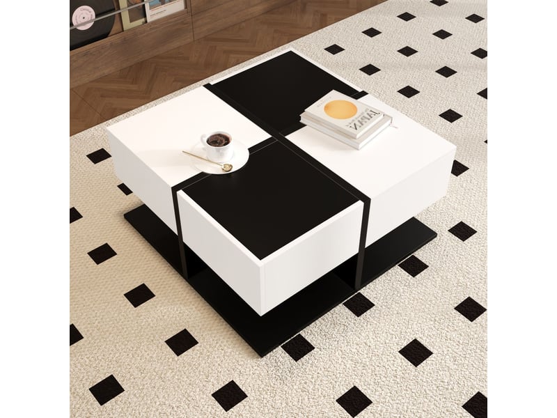  Table basse 70x70, design moderne noir et blanc table basse salon, rangement intégré 2 tiroirs, système coulissant silencieux  - Conforama A