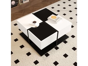Table basse 70x70, design moderne noir et blanc table basse salon, rangement intégré 2 tiroirs, système coulissant silencieux