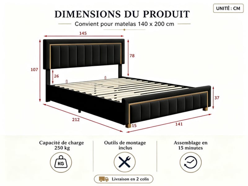 Lit coffre 140x200 cm ezssw, coloris noir - Conforama C