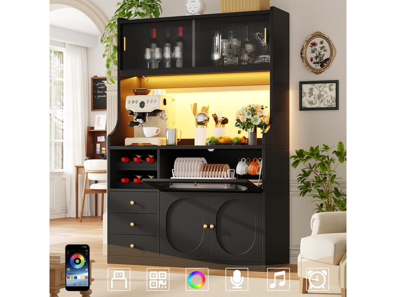  Buffet haut 120x40x180cm, meuble de rangement cuisine avec 3 tiroirs, étagère à vin et portes coulissantes en verre pour salle à manger  - Conforama R