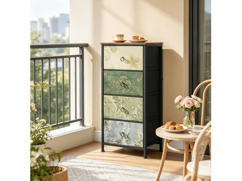  Meuble de rangement 4 tiroirs en tissu, métal et bois, motif floral, pour chambre et entrée, 45 × 30 × 94,5 cm  - Conforama D