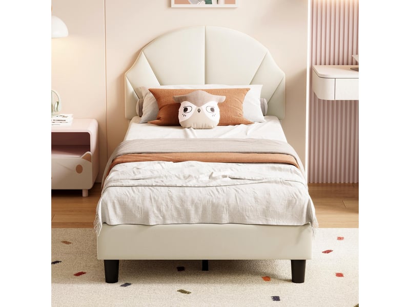  Lit simple 90x190 cm, lit enfant avec tête de lit coquillage réglable, lit capitonné en velours avec sommier, beige  - Conforama D