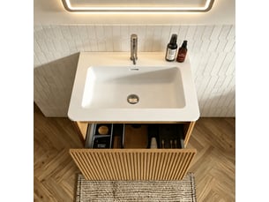 Ensemble meuble vasque suspendu 60 cm avec miroir led, finition chêne