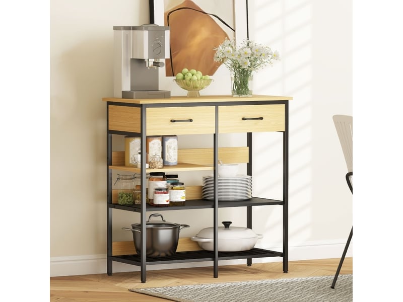  Buffet 90 x 40 x 91 cm naturel en bois et métal, 2 tiroirs 3 étagères ouvertes pour cuisine et salon  - Conforama E