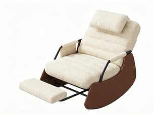 Fauteuil à bascule en laine d'agneau beige – avec repose-pieds – dossier réglable en trois positions – coussin d'assise épais – design ergonomique