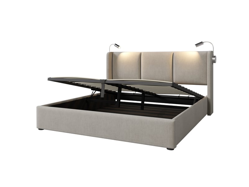  Lit coffre 180x200 cm, lit double, rangement hydraulique, led, port usb, lin beige  - Conforama B