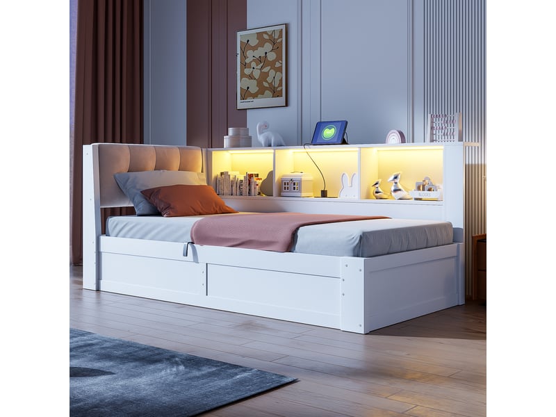  Canapé-lit 90x200 cm, lit enfant, couchage d'appoint, rangement hydraulique, étagères, led, port usb, lin blanc  - Conforama C