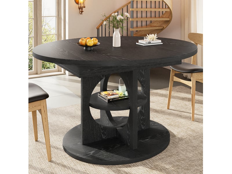  Table à manger extensible, plateau rond à ovale 110-150cm, espace de rangement, panneau aggloméré et cadre métal noir, destination cuisine et salle à manger  - Conforama E