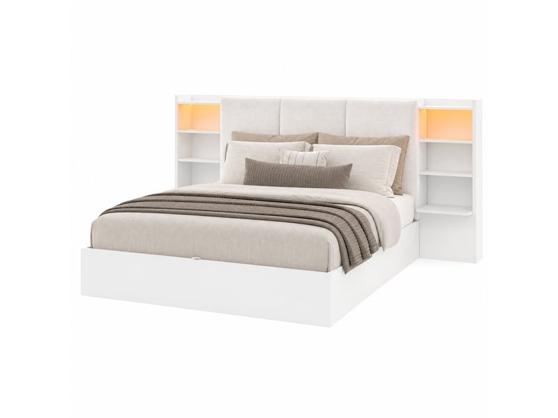 Lit coffre double 180×200 cm avec 6 compartiments, led réglable et tête rembourrée - okmyhome- blanc, sans matelas - Conforama A