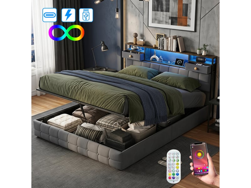  Lit double 160x200 cm avec coffre de rangement,led, usb et type-c, tête de lit de rangement, hydraulique, velours gris  - Conforama B