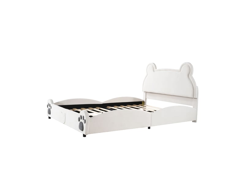  Lit enfant 140x200 cm en velours blanc, tête de lit forme ours et sommier à lattes  - Conforama E